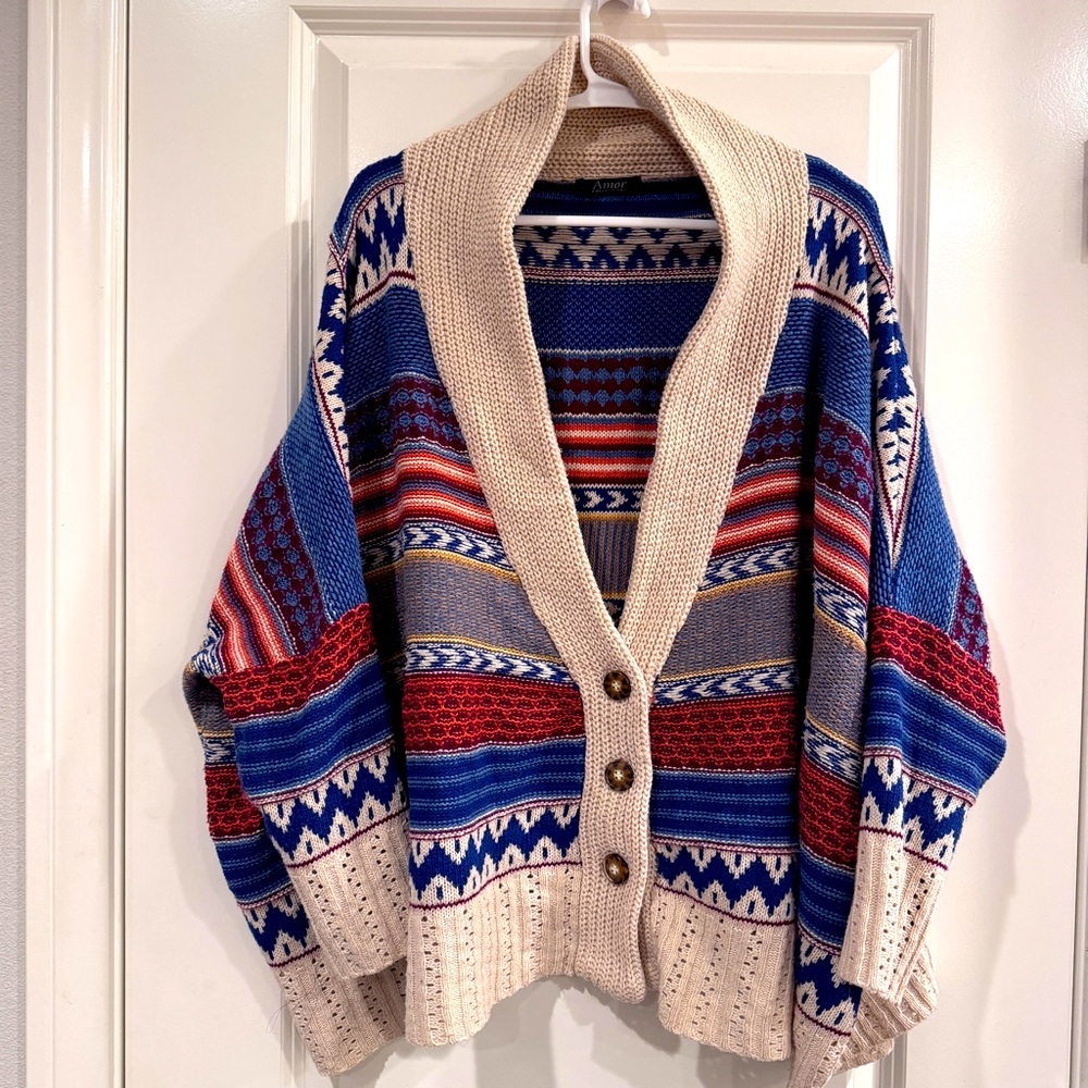 AMOR BOHO BLUE CREAM ORANGE RUST COVER-UP SWEATER BOHEMIAN RETRO  EARTH TONES OS